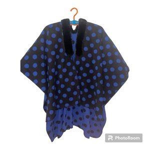 NWOT LOFT Sweater Poncho Cardigan Polka Dot With Faux Fur Trim Marino Wool Blend